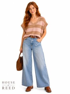 Hudson Gray Striped Knit Sweater Vest Size M Pink Beige V-Neck Short Sleeve